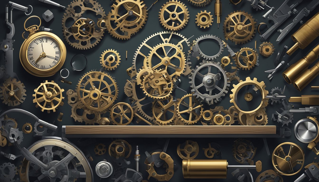 A dimly lit workshop, intricate gears and springs laid out on a workbench, a magnifying glass hovering over delicate watch components