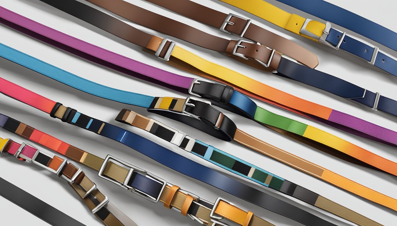 Belts of various colors and sizes neatly arranged on a display rack. Brand logos prominently visible