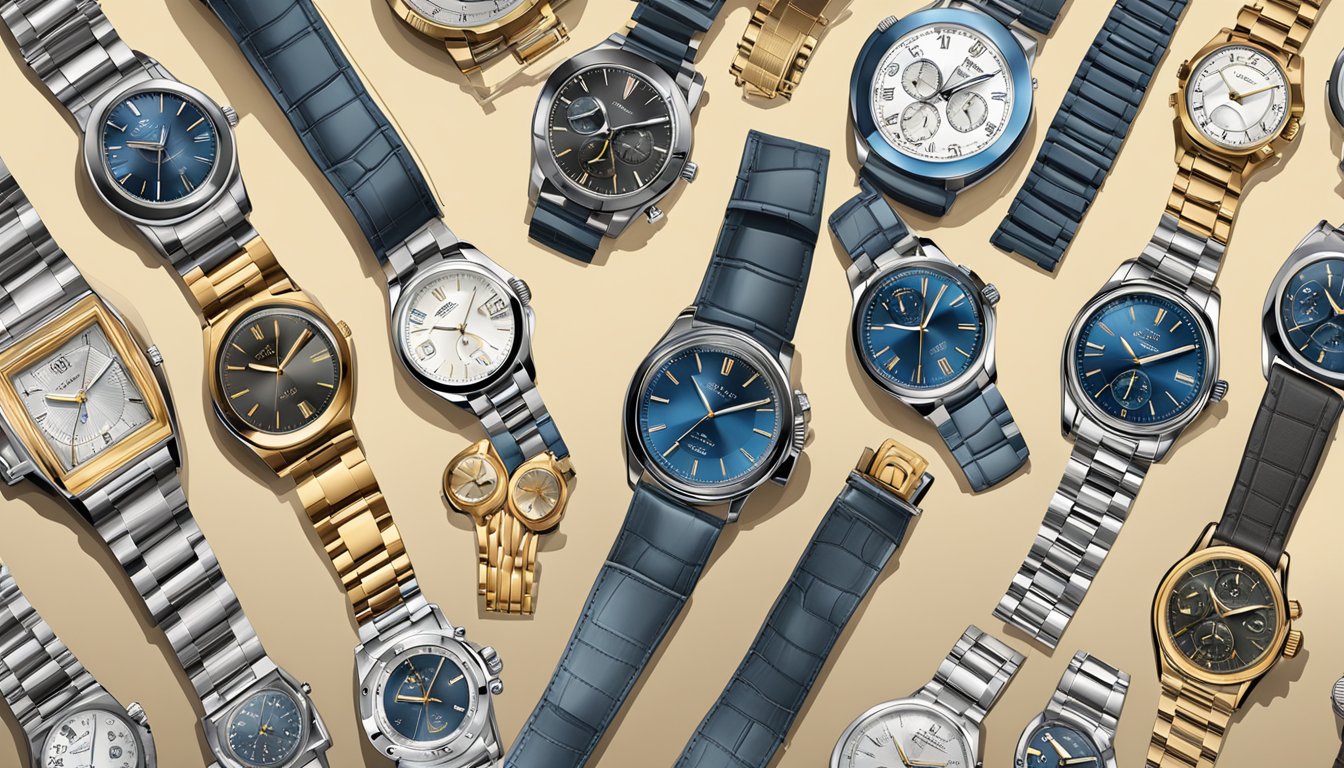A display of various male watch brands, showcasing a diverse range of watch types and styles