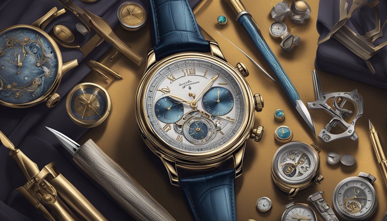 A handcrafted watch displayed on a velvet cushion, surrounded by precision tools and luxurious materials