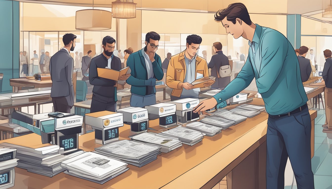 A table with various male watch brands displayed, surrounded by customers browsing and reading FAQ sheets