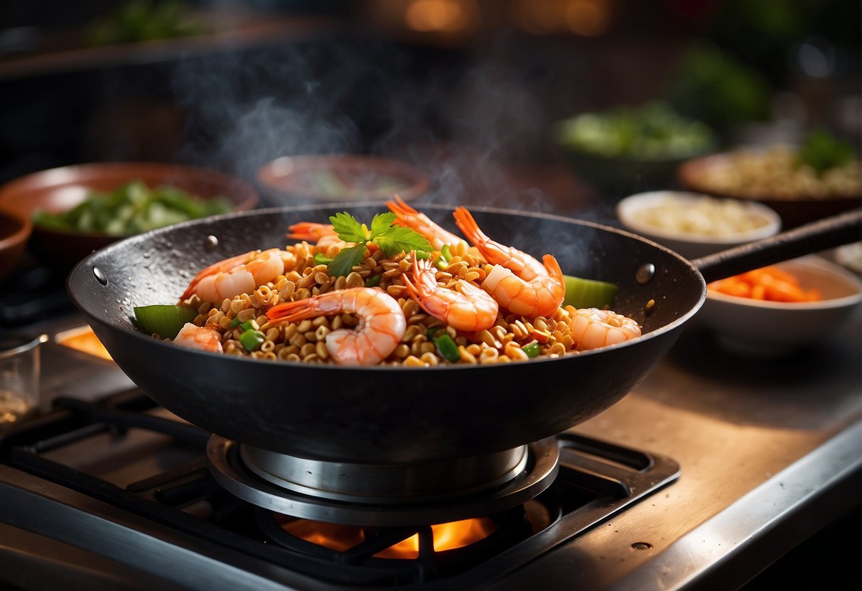 A wok sizzles as prawns are stir-fried with crispy cereal in a savory Chinese sauce