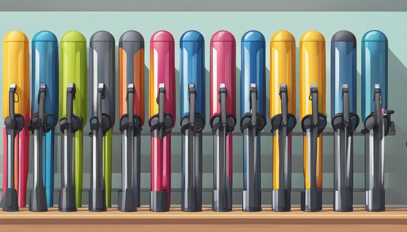 A row of colorful bicycle pumps displayed on a shelf in a bike shop