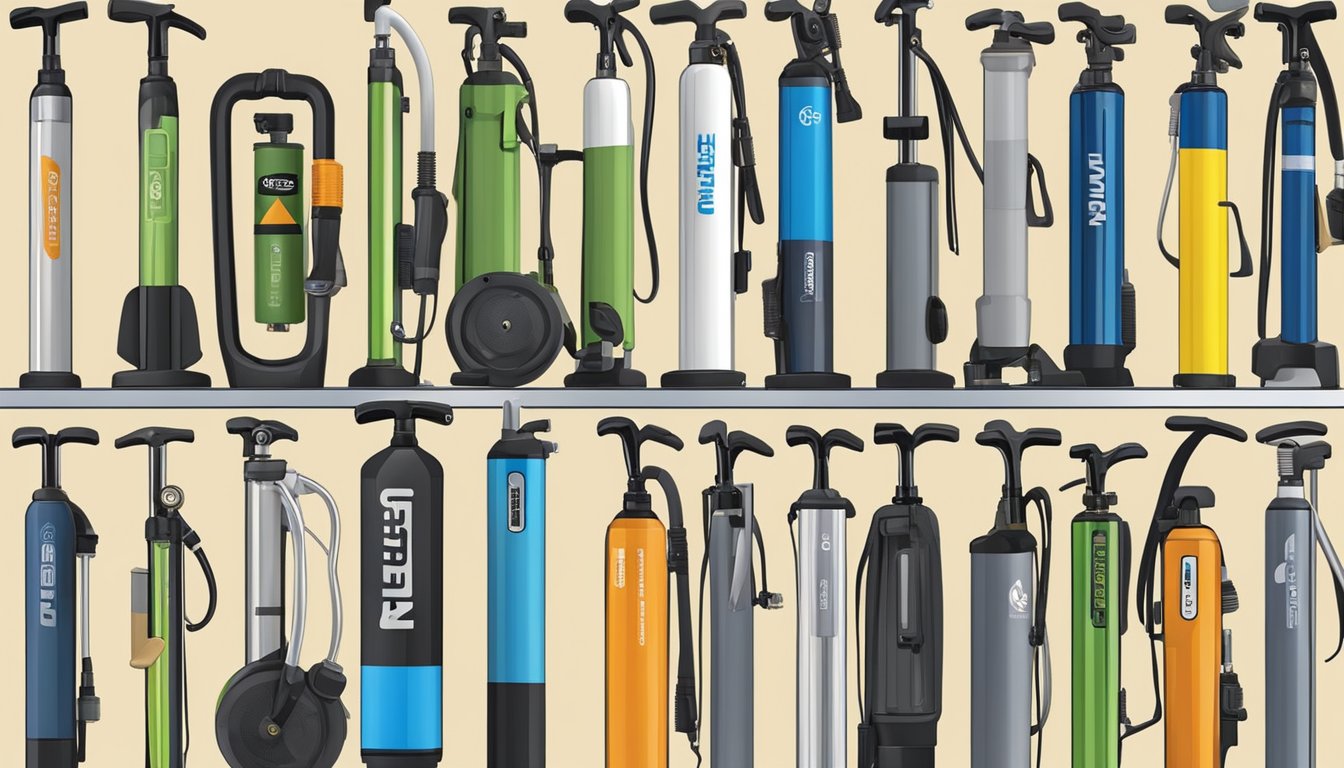 A variety of bicycle pumps displayed on a bike shop shelf. Different brands and types, including floor pumps, hand pumps, and CO2 inflators