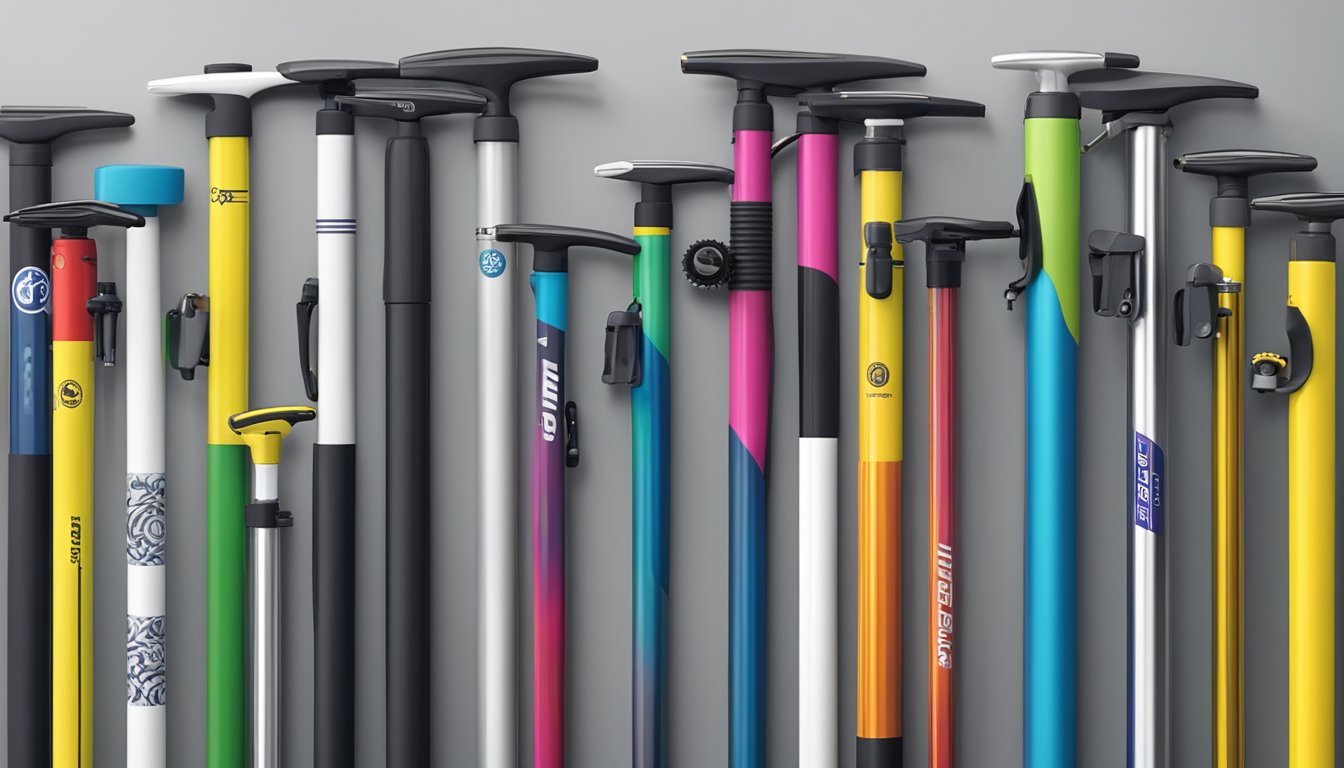 A variety of bicycle pump brands displayed on a shelf, with different sizes, colors, and designs