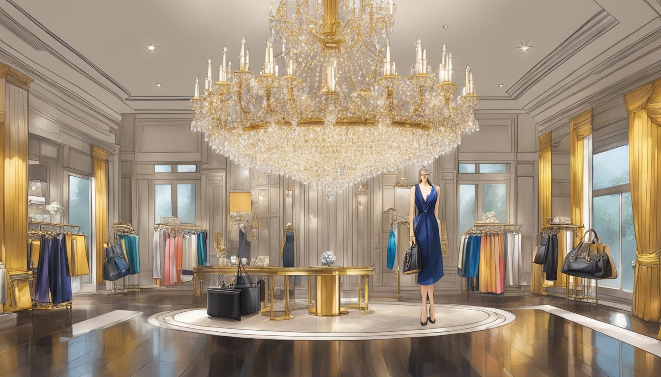 A grand chandelier illuminates a lavish showroom filled with opulent designer handbags and accessories from the biggest luxury brand
