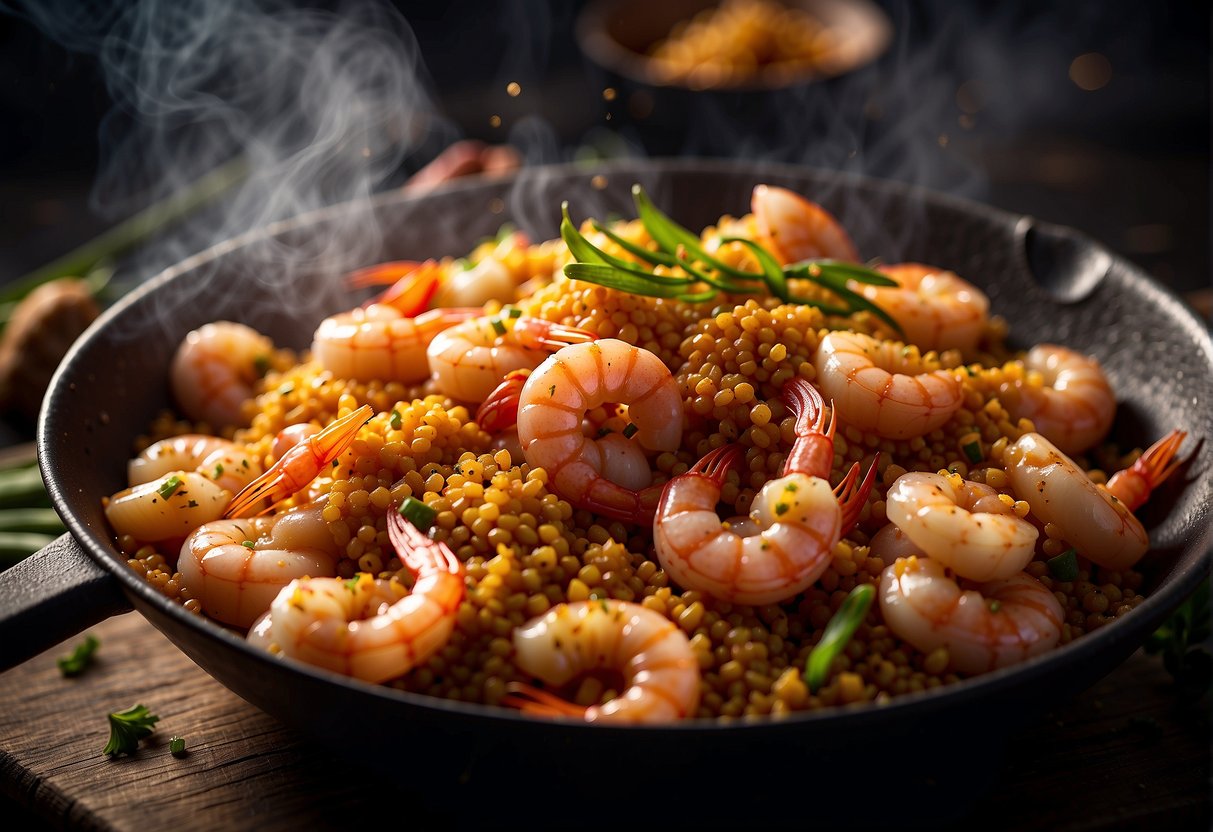A sizzling wok tosses plump prawns in a sticky, golden cereal coating, emitting a savory aroma of garlic and spice