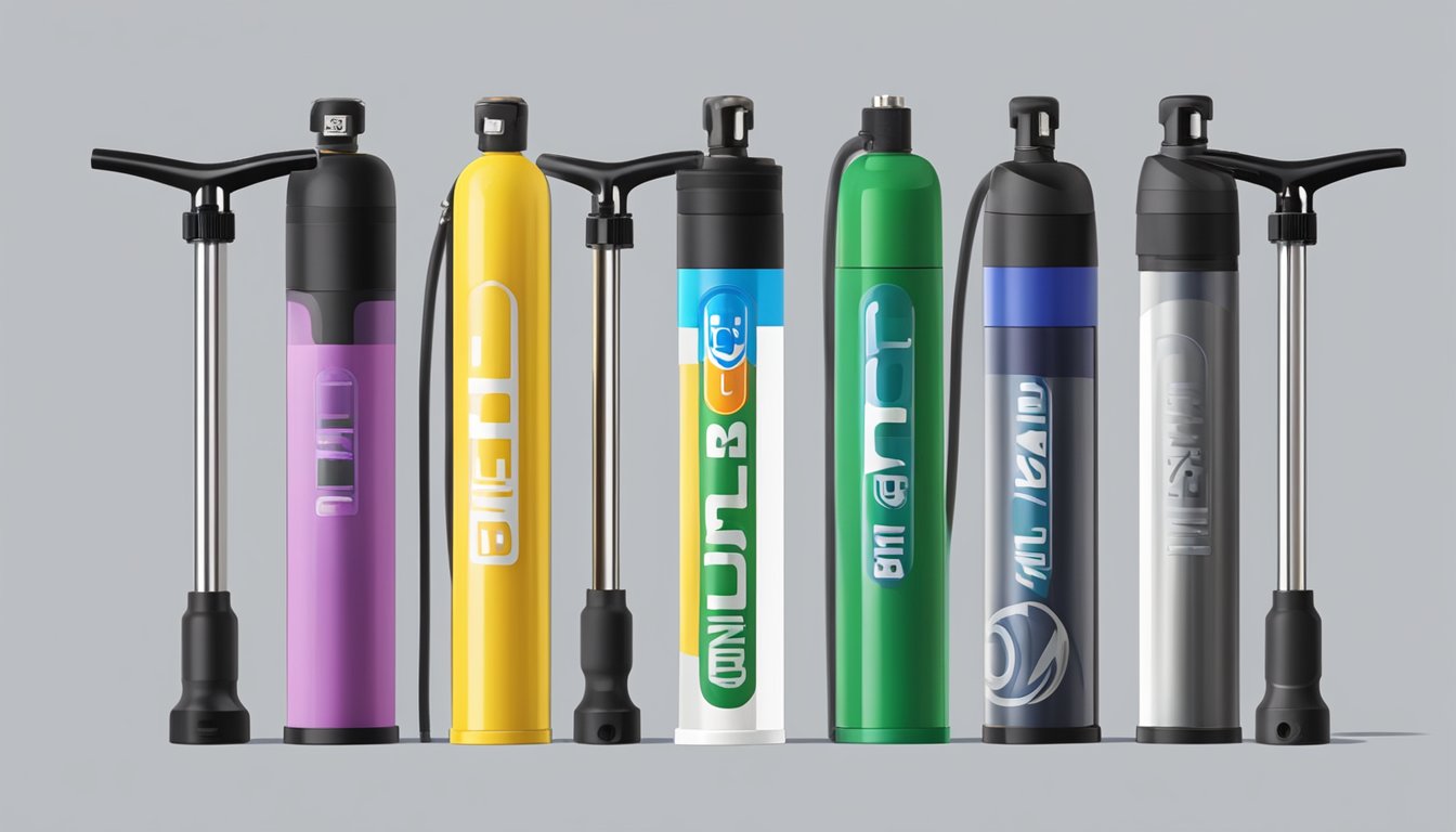 Various bicycle pump brands lined up next to different valve types, showcasing their compatibility