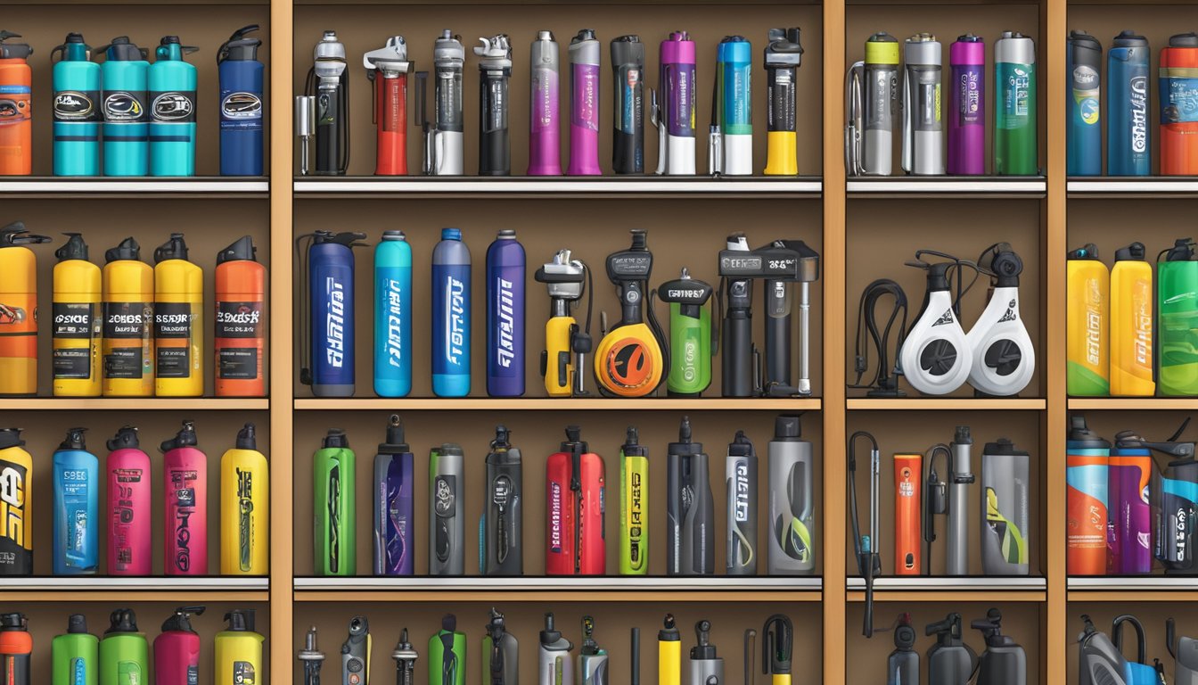 A variety of top bicycle pump brands displayed on a shelf in a well-lit bike shop