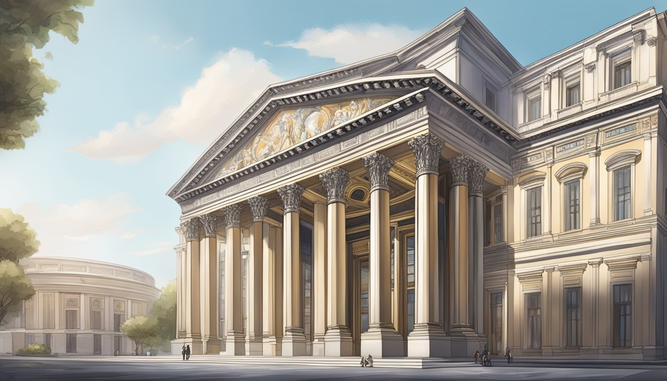 A grand, opulent building with the Pantheon of Luxury Brands logo prominently displayed on the facade. The structure exudes elegance and sophistication, with sleek lines and luxurious detailing