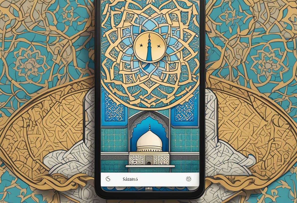 A smartphone with an Islamic-themed Instagram bio displayed on the screen, surrounded by Islamic art and calligraphy