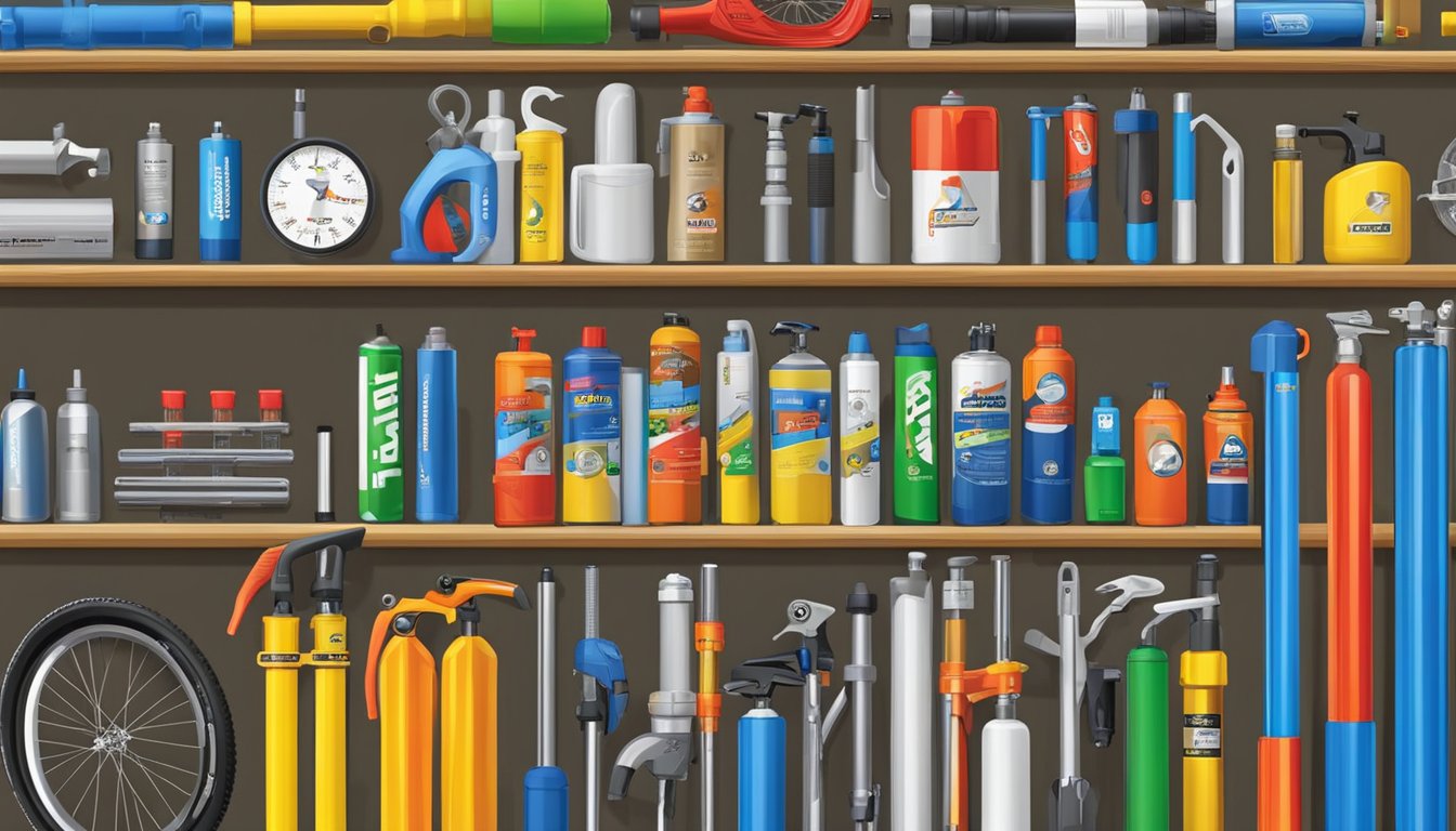 A variety of bicycle pumps displayed on shelves, with tools and maintenance accessories nearby. Brand names and logos are prominently featured