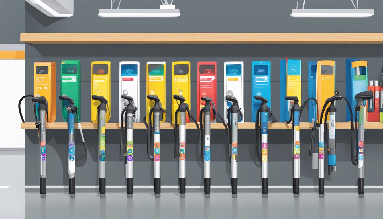 A row of colorful bicycle pumps displayed on shelves with "Frequently Asked Questions" signs above each brand