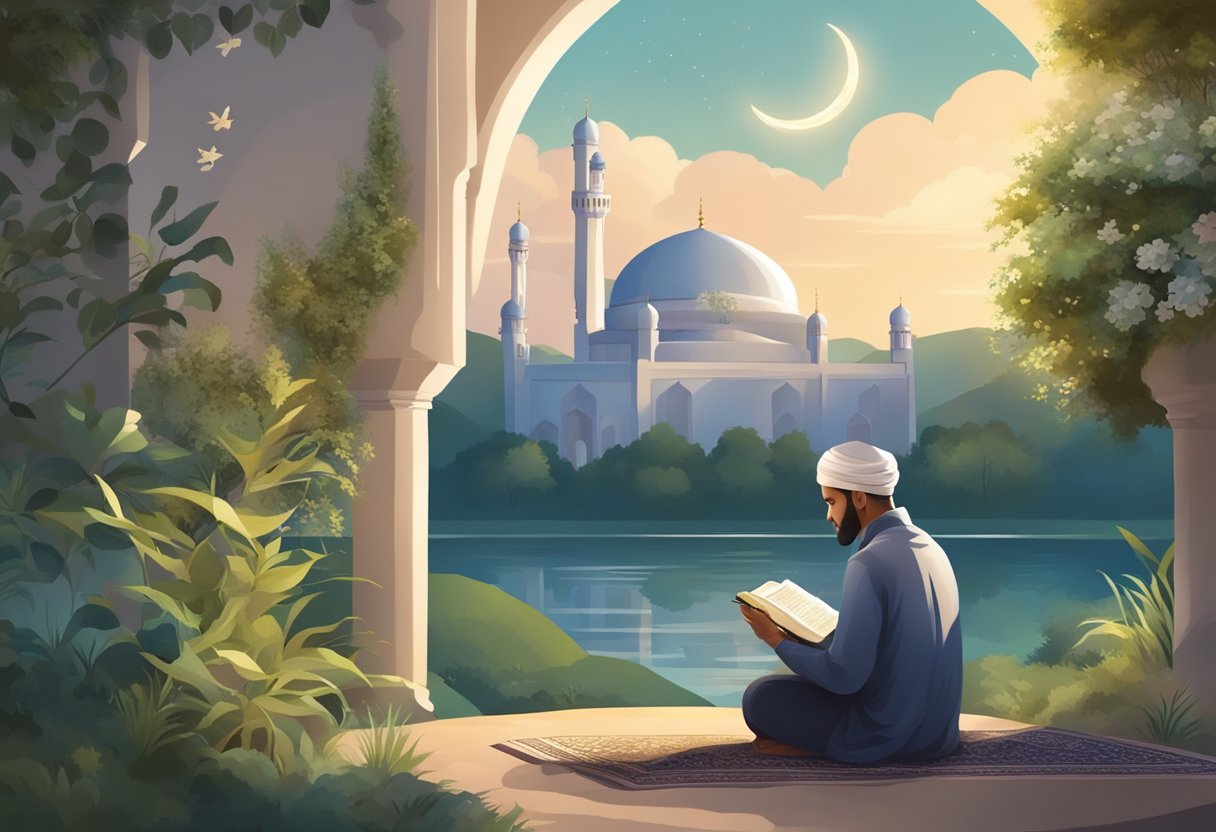 A person reading Quran with a grateful expression, surrounded by nature and symbols of faith, like a mosque or crescent moon