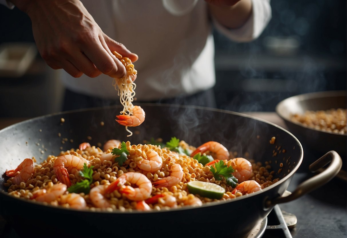 A chef tosses prawns in a wok with crispy cereal, garlic, and chili, creating a fragrant and flavorful Chinese dish