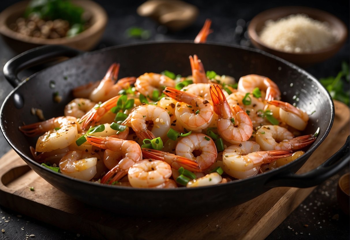 Prawns sizzle in a hot wok with garlic and ginger. A splash of soy sauce and a sprinkle of sesame seeds add flavor to the dish
