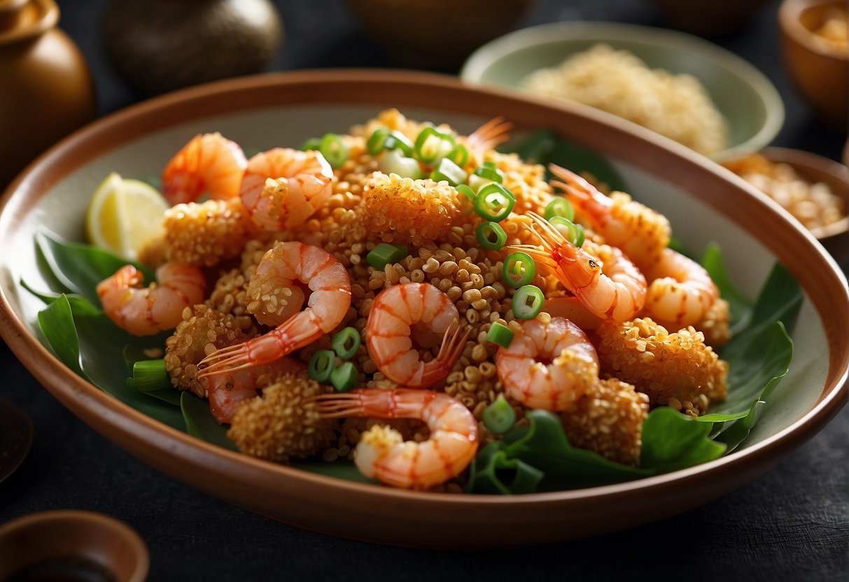 A bowl of crispy cereal-coated prawns, garnished with sesame seeds and green onions, served on a traditional Chinese-style platter