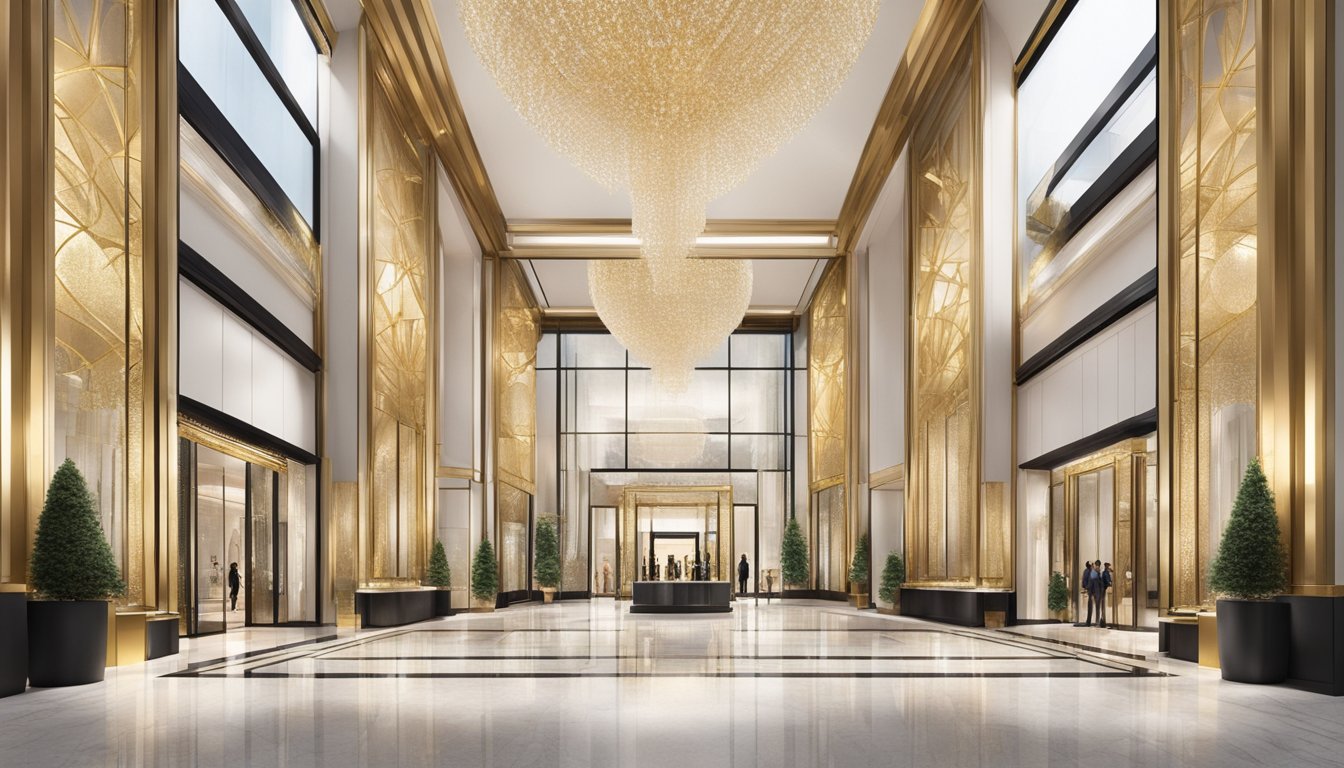 The grand entrance of Luxury Brand Empire's flagship store, adorned with opulent gold accents and towering glass windows, exudes an air of exclusivity and sophistication
