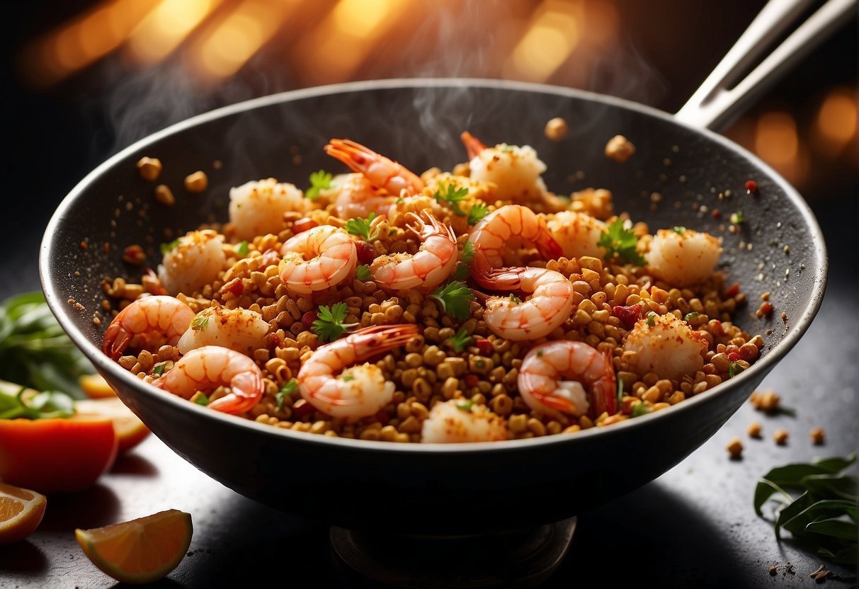 A sizzling wok filled with plump prawns coated in a golden, crispy cereal coating, garnished with fragrant Chinese spices and herbs