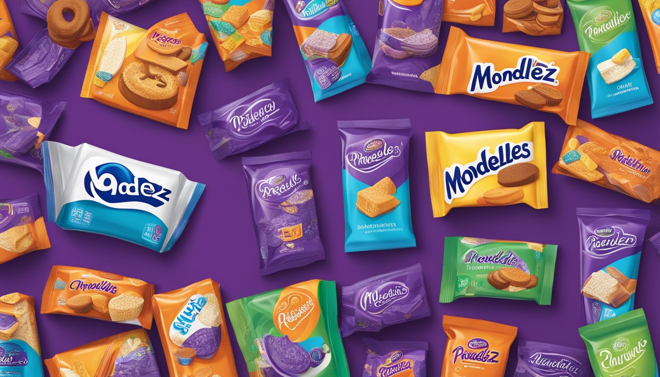 A colorful array of Mondelez brand products arranged in a vibrant, eye-catching display. The logo prominently featured on packaging