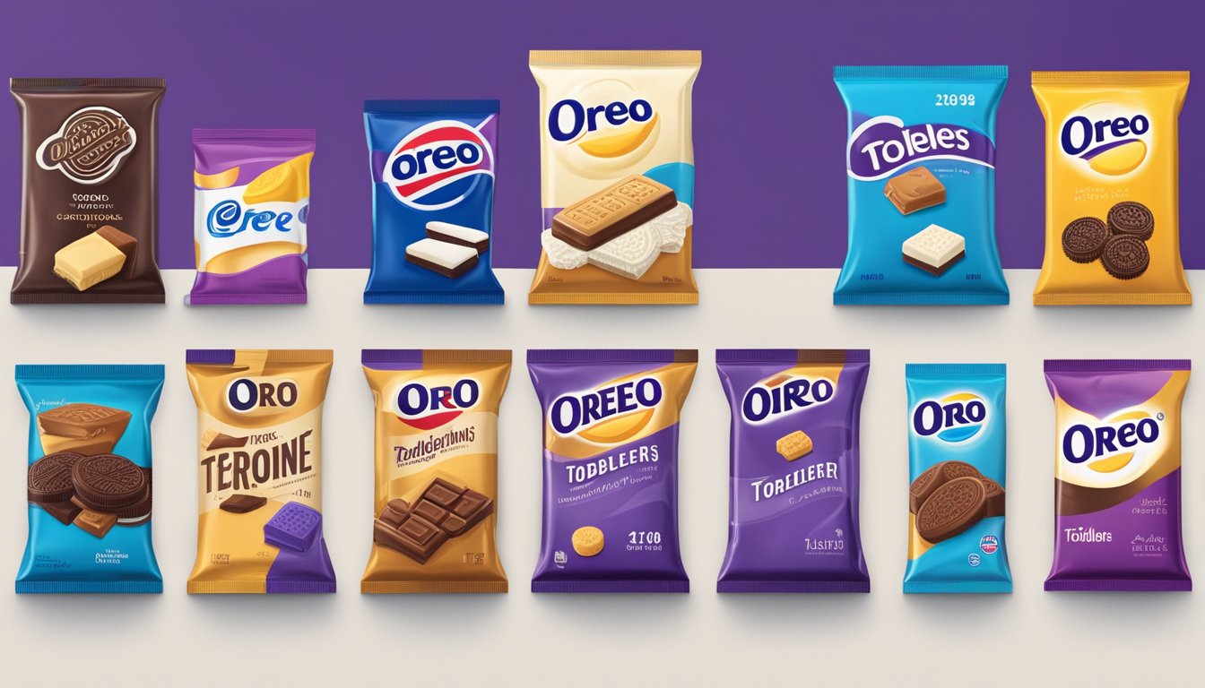 The historical progression of Mondelez International's brands is depicted through a timeline of iconic logos and packaging designs, showcasing the evolution of products such as Oreo, Cadbury, and Toblerone