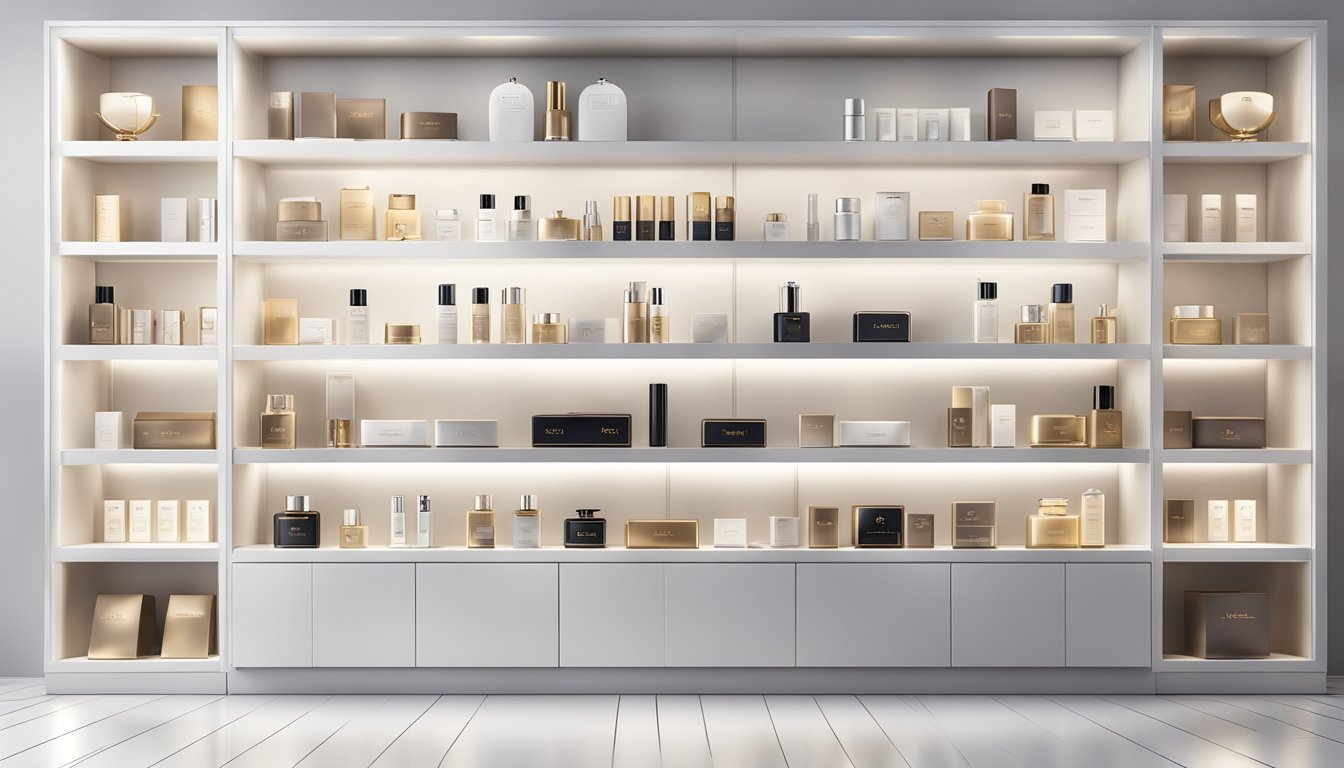 Luxury brand products displayed on pristine white shelves, with soft ambient lighting highlighting their exquisite details and elegant packaging