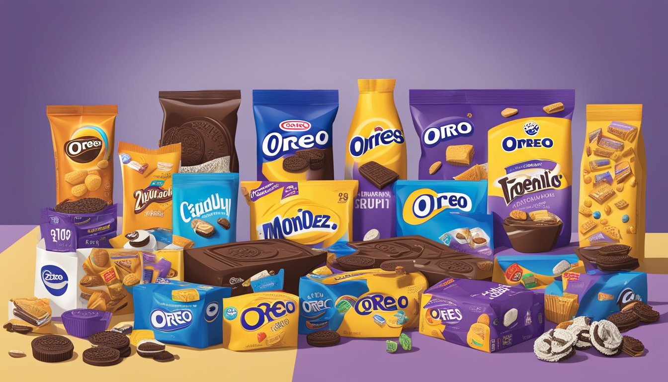 A table displaying iconic products from Mondelez brands, including Oreo, Cadbury, and Toblerone, with their respective logos and packaging
