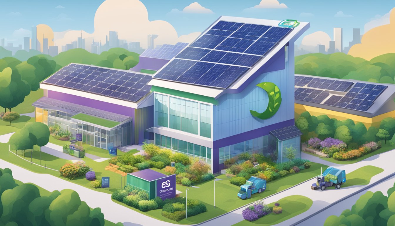 Mondelez brands: factory with solar panels, recycling bins, and green landscaping. A sign displaying ESG commitments and sustainable practices