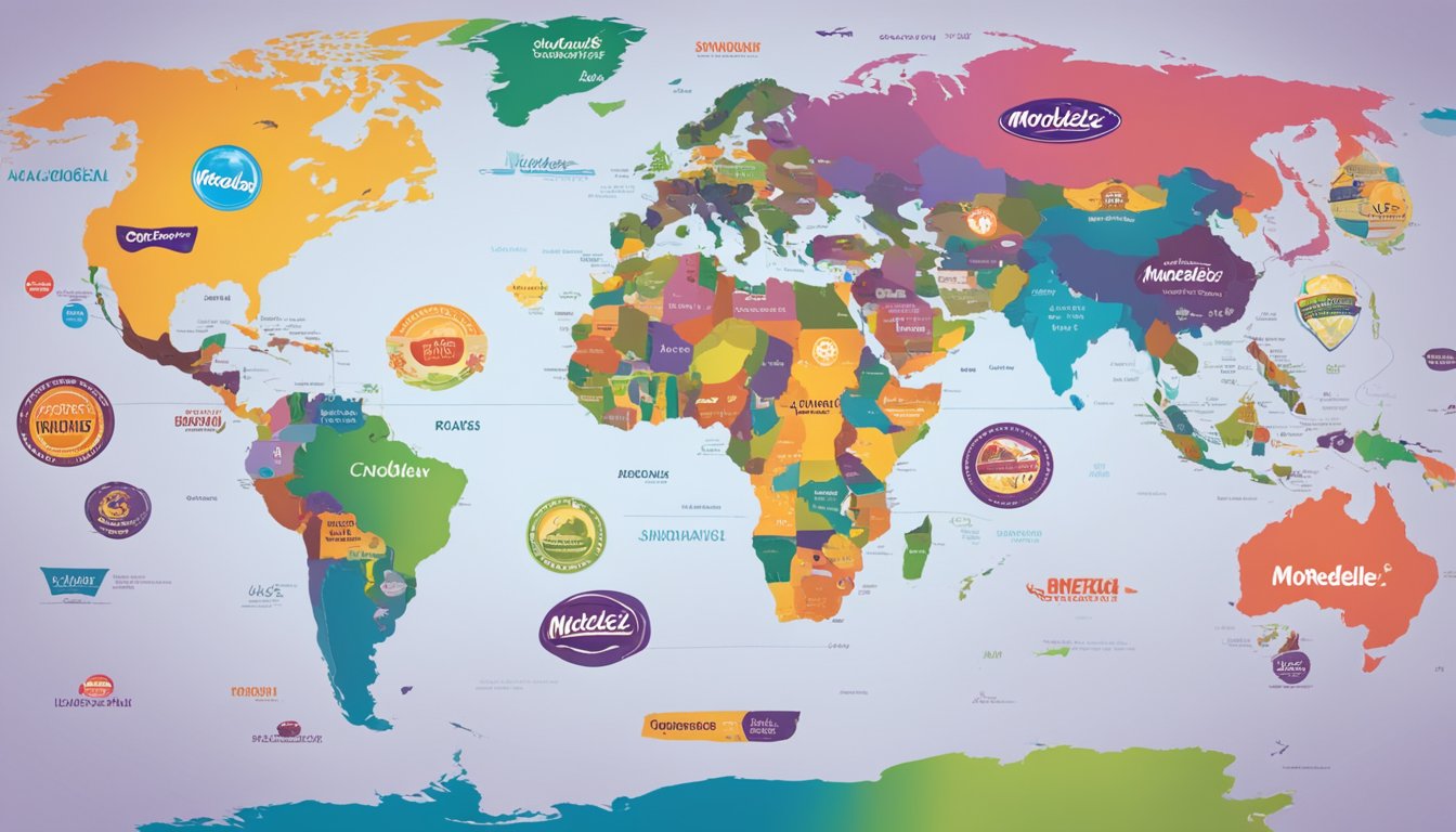 A world map with Mondelez brand logos strategically placed in key global markets