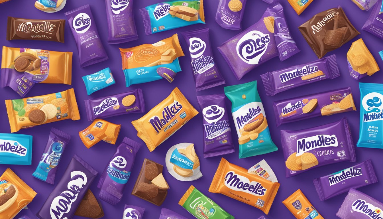 A stack of Mondelez brand products featured in a news article, surrounded by headlines and logos