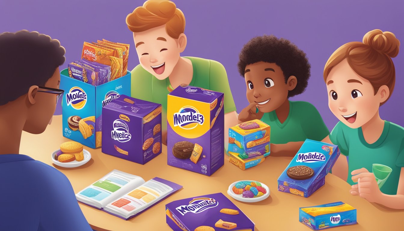 A table with various Mondelez brand products displayed, surrounded by customers reading a FAQ pamphlet