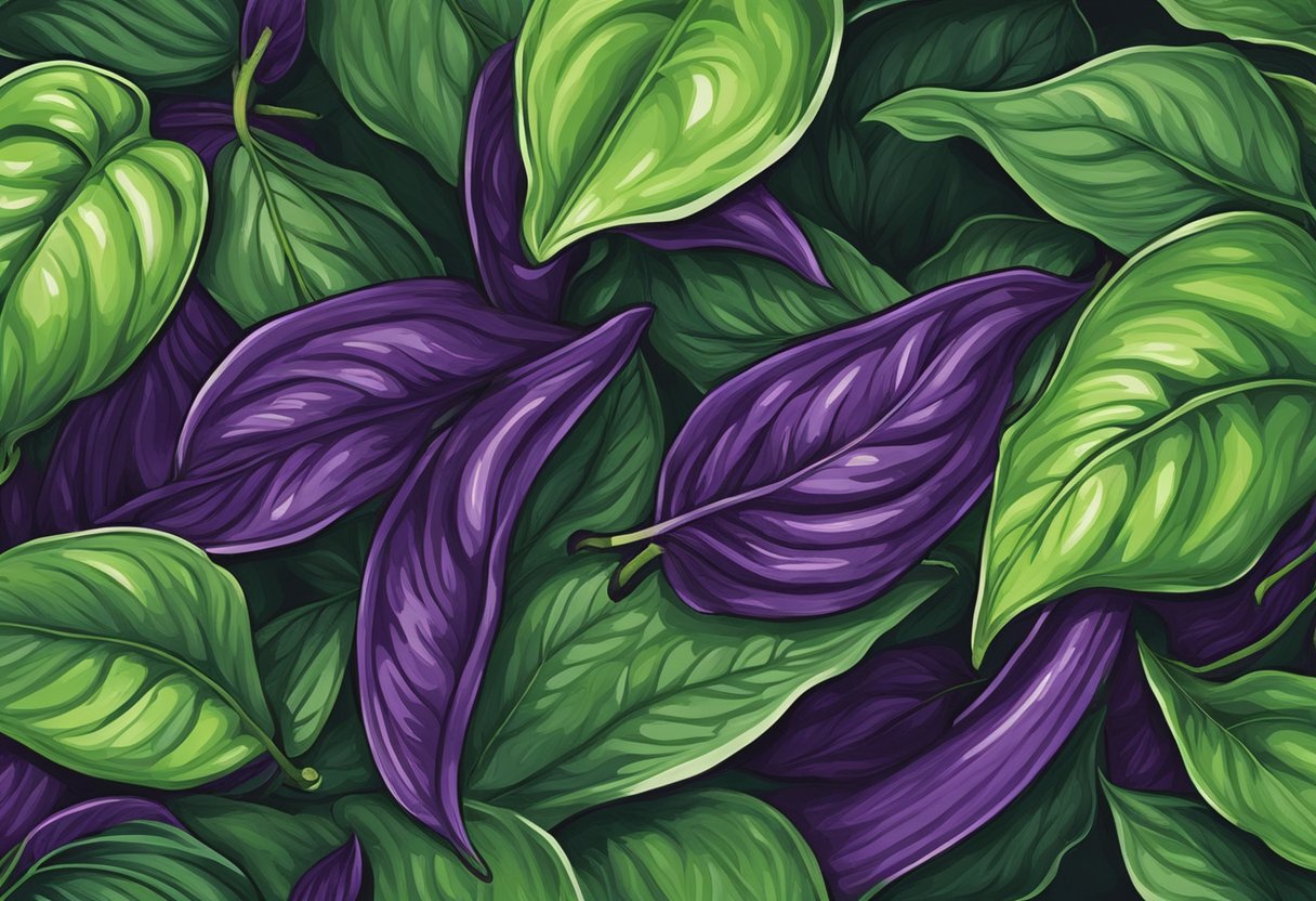 Pepper leaves turn deep purple, contrasting against the green foliage