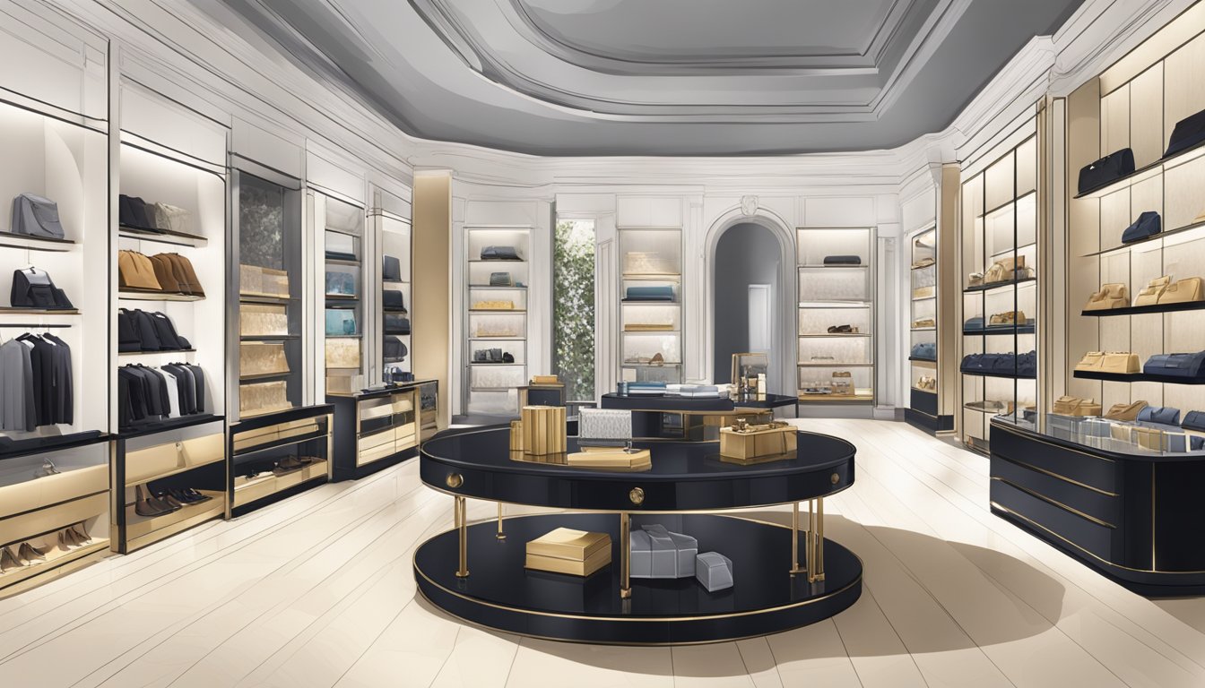 A grand, opulent showroom with a sleek, modern design. Shelves lined with luxurious products, and elegant displays showcasing the brand's iconic items