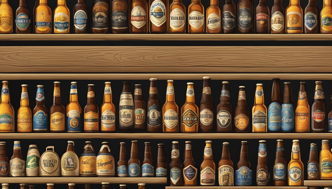 A row of blonde ale beer brands displayed on a wooden shelf in a dimly lit bar