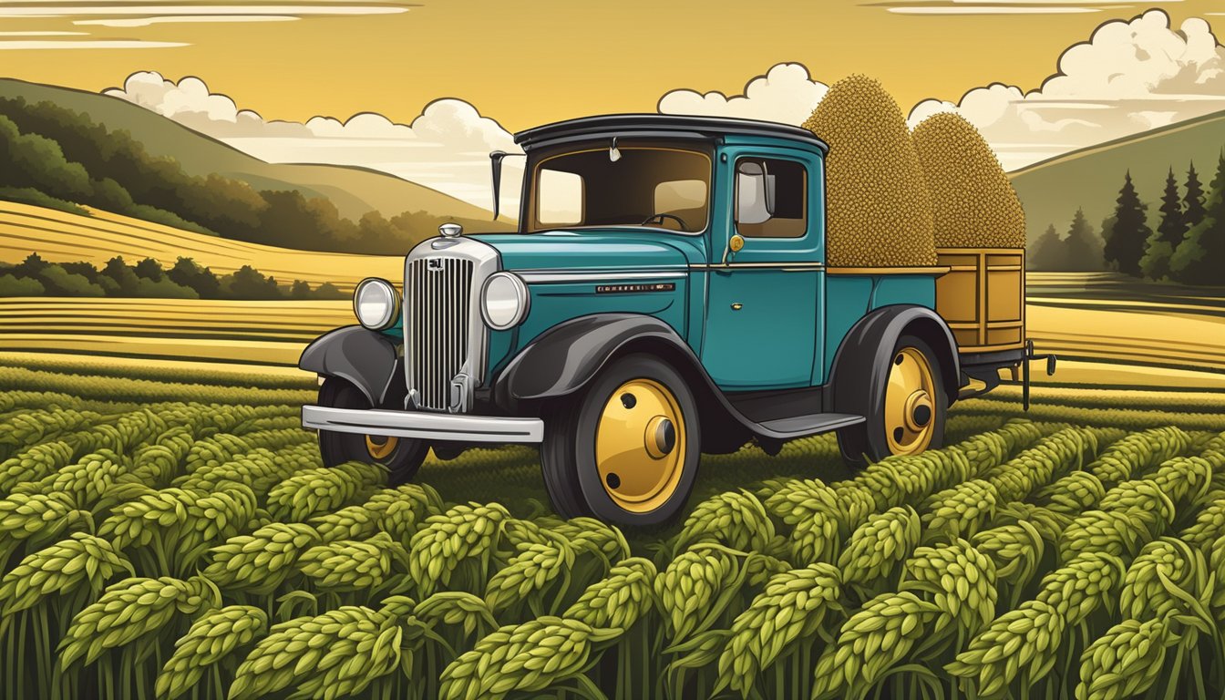 A brewery's logo and a vintage brewing equipment, surrounded by fields of barley and hops