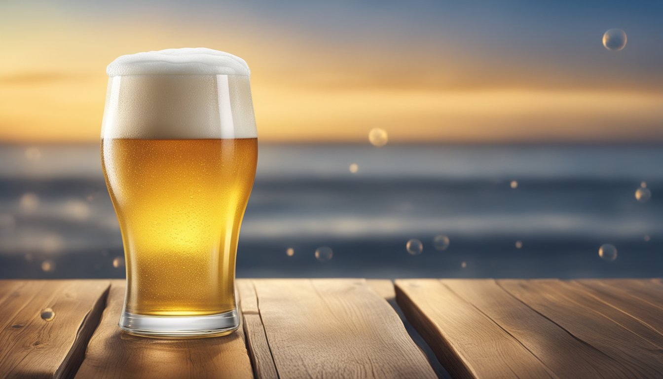 A tall glass of golden Blonde Ale sits on a rustic wooden table, with a frothy white head and effervescent bubbles rising to the top