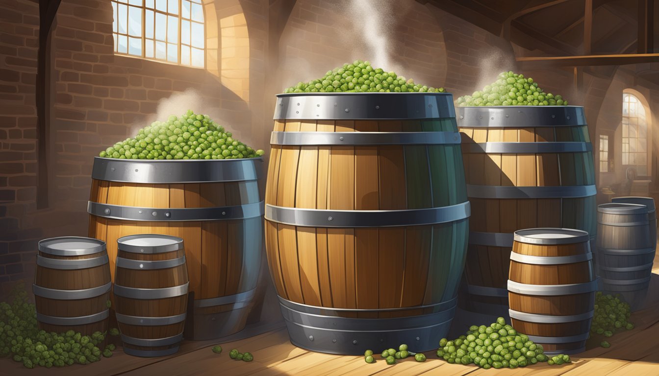 Barrels of malt and hops being poured into a large brewing kettle. Steam rising as the ingredients are mixed together. Labels of blonde ale beer brands in the background