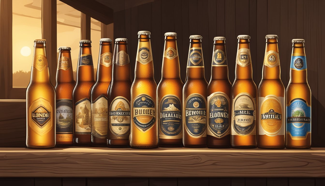 A row of popular blonde ale beer brands displayed on a rustic wooden shelf with warm lighting