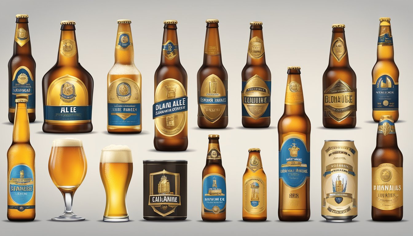 A lineup of award-winning blonde ale beer brands displayed with recognition badges and trophies