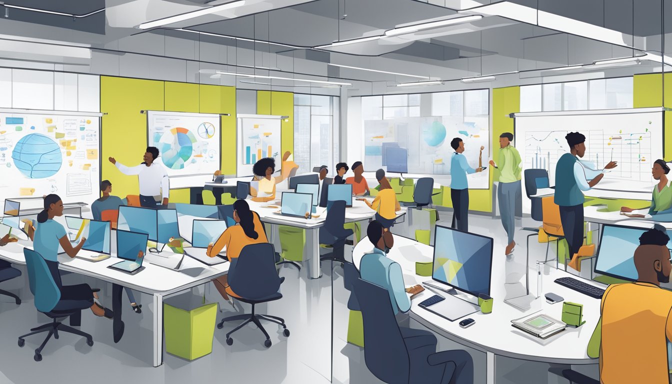A bustling office with employees engaged in collaborative brainstorming, surrounded by whiteboards and charts, symbolizing the dynamic energy of Strategic Initiatives at Newell Brands Inc