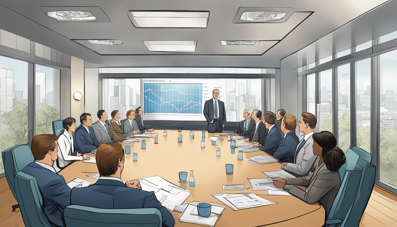 The boardroom of Newell Brands Inc is filled with executives in deep discussion, surrounded by charts and graphs. A sense of professionalism and strategic planning fills the air