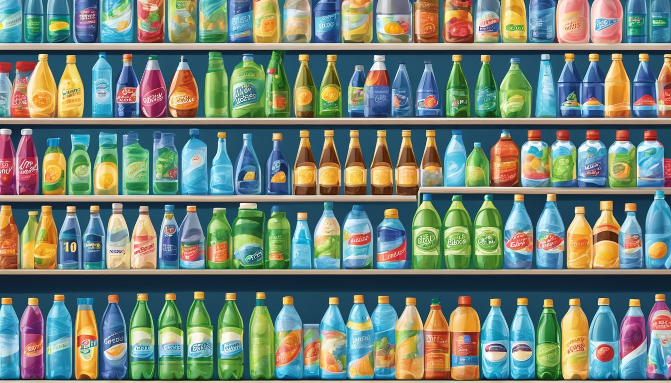 A crowded supermarket shelf displays various bottled water brands, with bright and colorful packaging, competing for consumers' attention