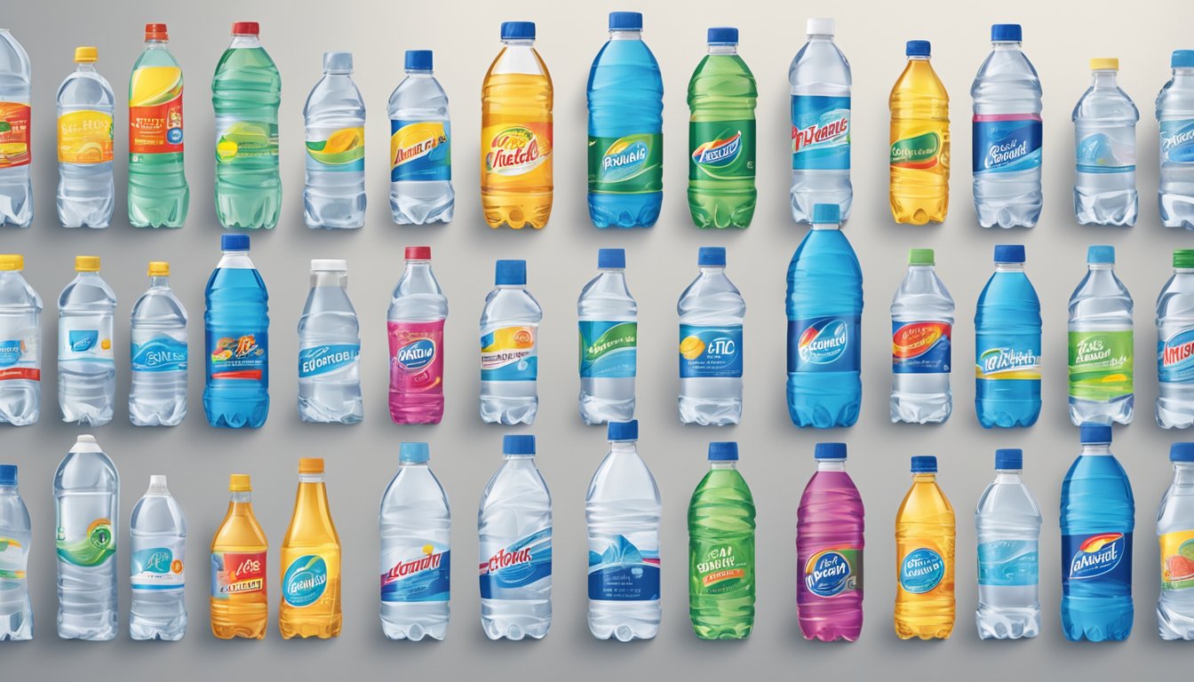 A display of top American bottled water brands, arranged in a row with colorful labels and clear bottles, ready for sale