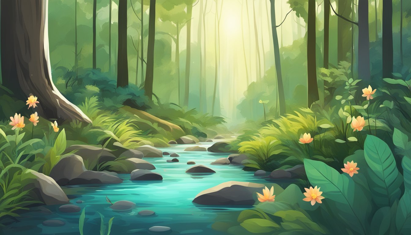 A serene forest with a clear stream, surrounded by diverse flora and fauna. A plastic bottle lies discarded, contrasting with the natural beauty