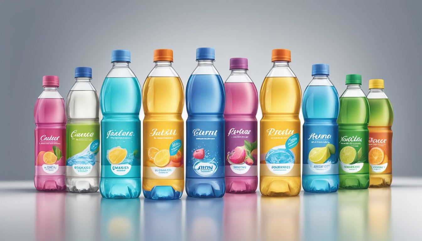 A row of colorful bottled water brands lines a grocery store shelf, each with unique packaging and labels showcasing innovation in the industry