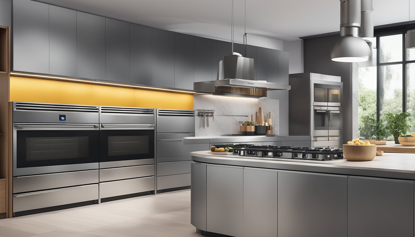 A row of modern oven brands displayed in a sleek kitchen showroom. Bright lighting highlights the stainless steel finishes and digital displays