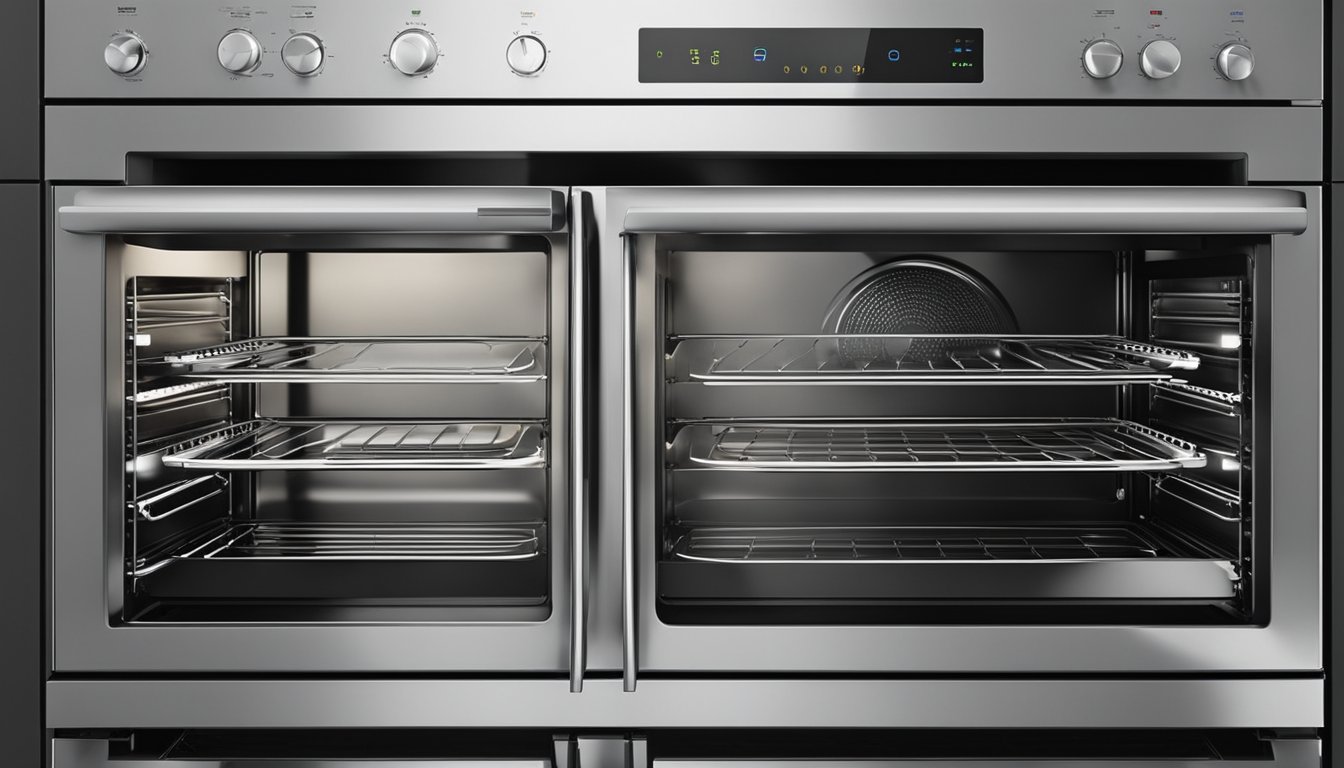 Modern ovens showcase touch screen controls, smart technology, and sleek designs. The interior features adjustable racks and advanced heating elements
