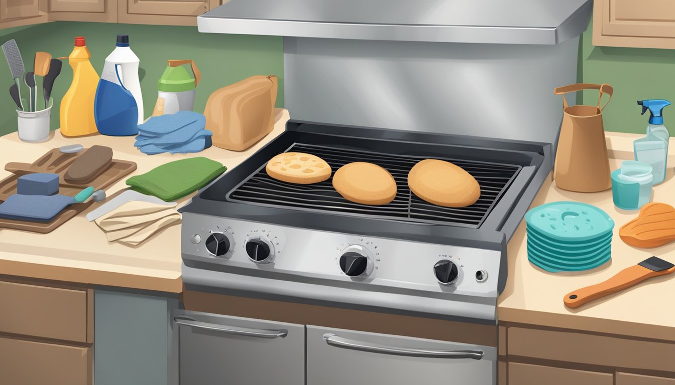 Various oven accessories scattered on a countertop, including oven mitts, baking sheets, and cleaning supplies. A maintenance manual for different oven brands lies nearby