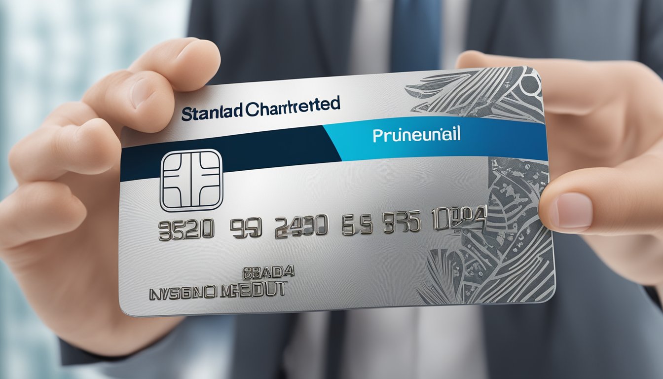 A hand holding a platinum credit card with the logos of Standard Chartered and Prudential, surrounded by symbols of financial benefits and rewards