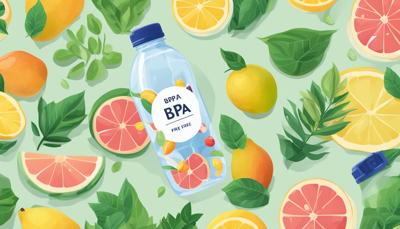 A clear plastic water bottle with "BPA free" label, surrounded by fresh fruits and green leaves